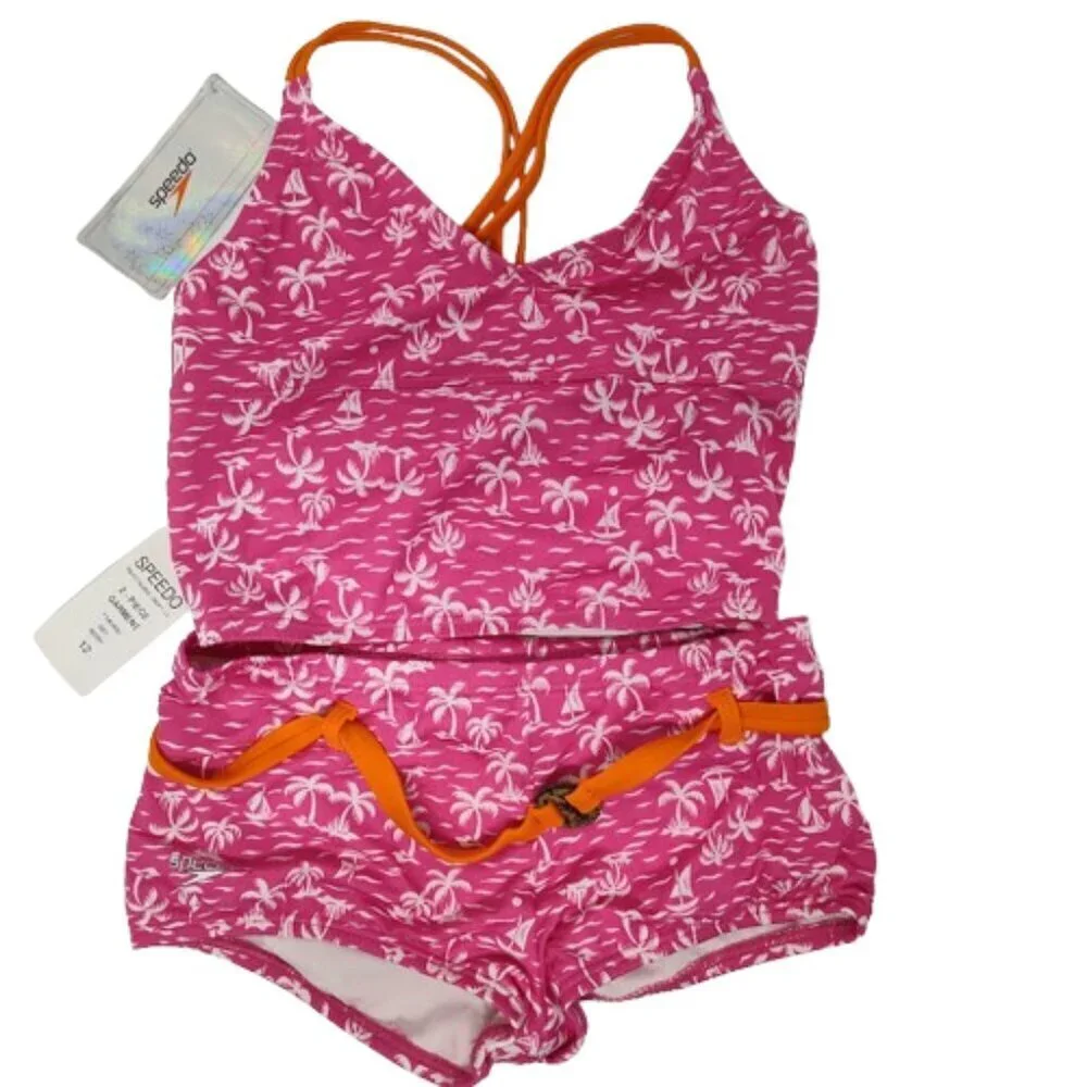 Speedo Tropical Breeze Girls Swimsuit 2 Piece Size 12 NWT Pink with White Palm